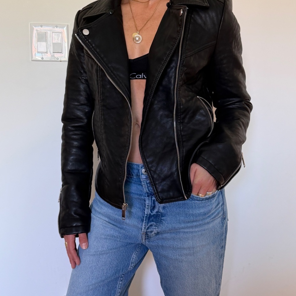 French Connection Black Faux Leather Moto Jacket with Zipper